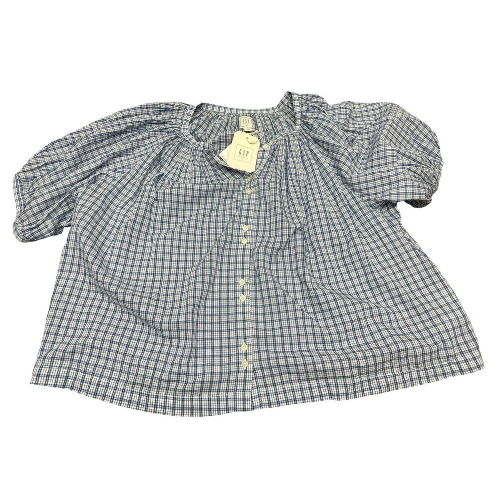 NWT Gap x DÔEN Gingham Puff Sleeve Cotton Blouse Blue Check Button Front Large - Picture 7 of 9